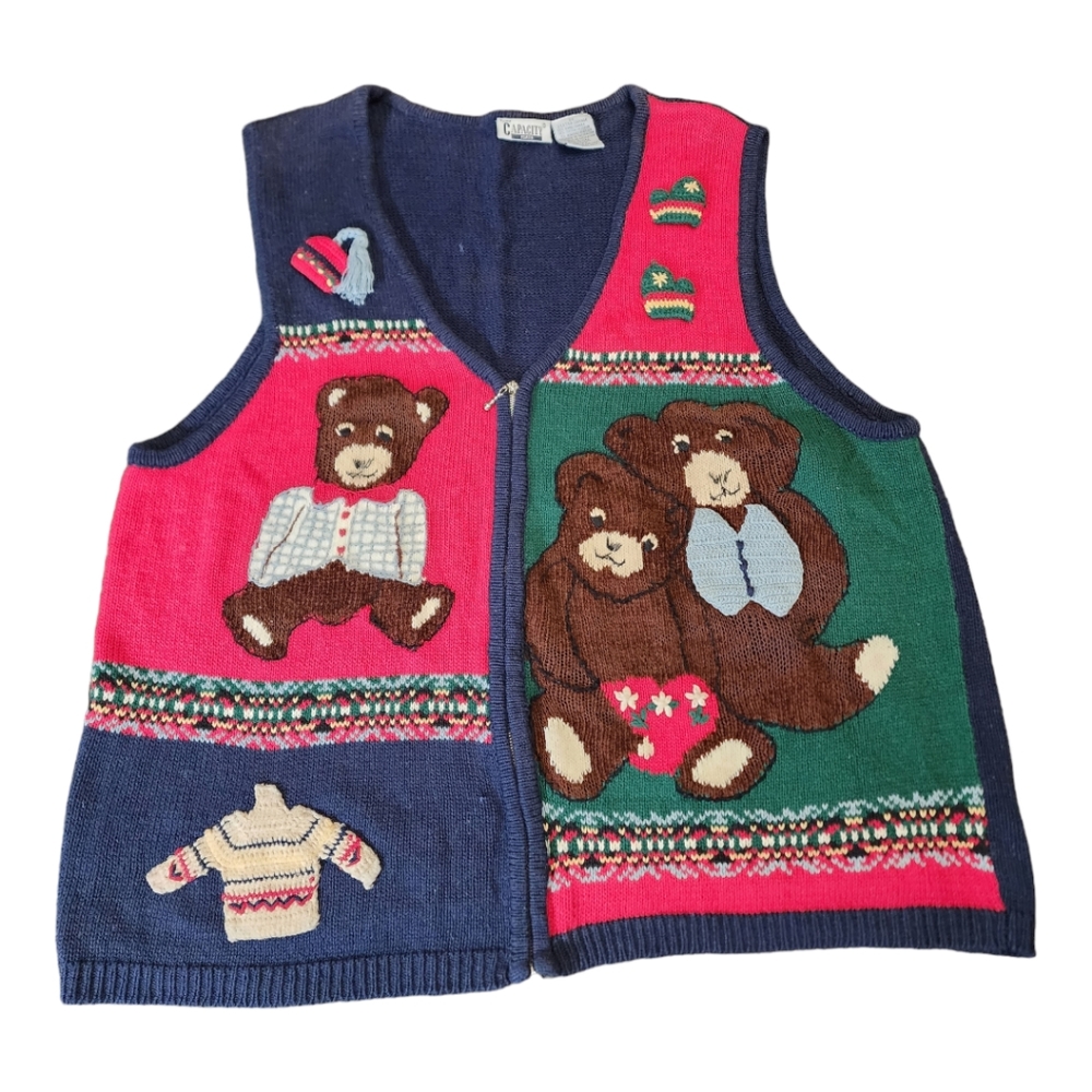 Vintage Capacity Red Blue Patchwork Teddy Bear Zip Front Sweater Vest Size 2X